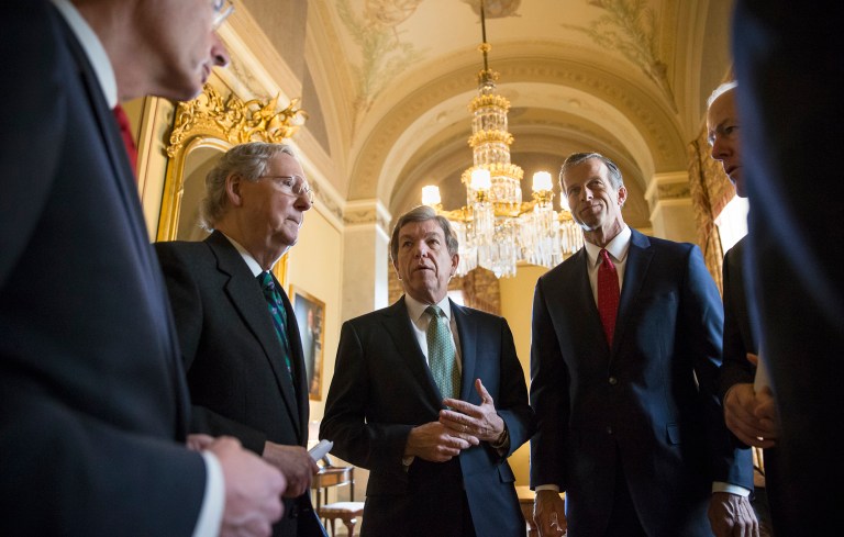 Senate Majority Leader Mitch McConnell of Ky., second from left, stands with fellow Republican senators. Senate Republicans say they will not confirm President Obama's nominee for the Supreme Court to replace Antonin Scalia until the next president is elected. (AP Photo/J. Scott Applewhite)