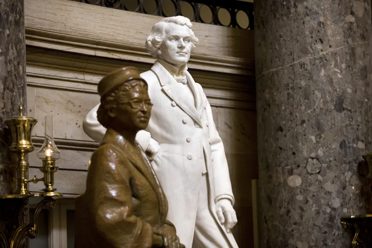   A sculpture of John Gorrie of Florida, inventor of the ice machine, stands next to the popular Rosa Parks in Statuary Hall at the Capitol in Washington, Tuesday, July 2, 2013. A physician, scientist, and inventor, Gorrie is considered the father of refrigeration and air-conditioning; he died impoverished and virtually forgotten in 1855. Among the U.S. Capitolâs many statues which honor the nationâs founders, leaders and legends, the marble figure by scuptor C.A. Pillars, is largely overlooked by thousands of visitors who tour the Capitol daily. (AP Photo/J. Scott Applewhite)  