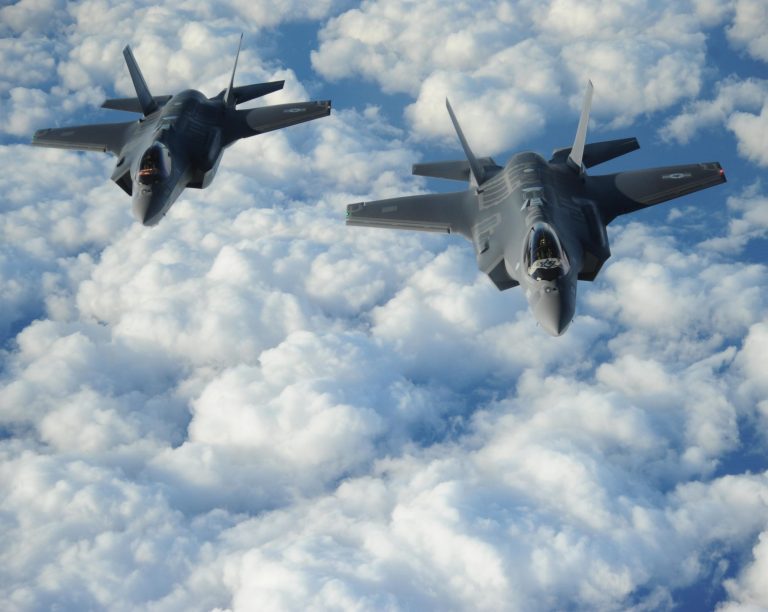 Two Israeli F-35 "Adir" aircraft fly in formation.