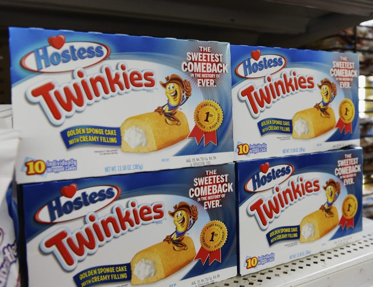 Hostess Twinkie snack cakes on display at a store. 