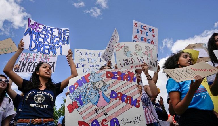 Supporters of Deferred Action for Childhood Arrival program demonstrate in front of the White House. President Trump ordered an end of protections for young immigrants who were brought into the country illegally as children, but gave Congress six months to act on it. (AP Photo/Pablo Martinez Monsivais)
