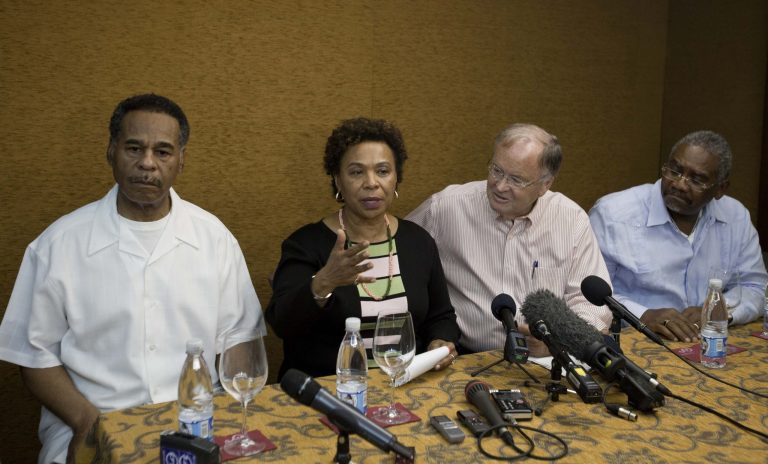 Congresswoman Barbara Lee, speaks during a press conference, accompanied by Congressman Emanuel Cleaver, left, Congressman Sam Farr, second from right, and Congressman Gregory Meeks at the Hotel Saratoga in Havana, Cuba, Monday, May 5, 2014. Congresswoman Lee spoke about the situation of imprisoned U.S. government subcontractor Alan Gross. (AP Photo/Franklin Reyes)