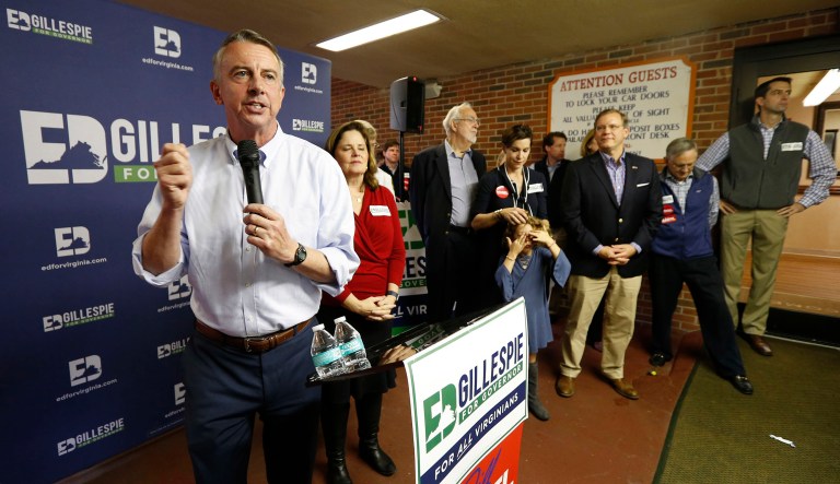 Other candidates would gush about catching the president's eye. Gillespie is too ashamed to talk about it. (AP Photo/Steve Helber)