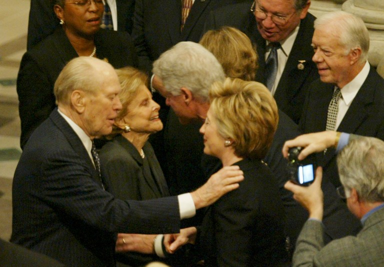Former President Clinton and wife, Sen. Hillary Rodham Clinton, D-N.Y. greet former President Jerry Ford and wife Betty prior to funeral services for former President Ronald Reagan at the National Cathedral in Washington Friday, June 10, 2004. Former President Jimmy Carter is at right. (AP Photo/Ron Edmonds)