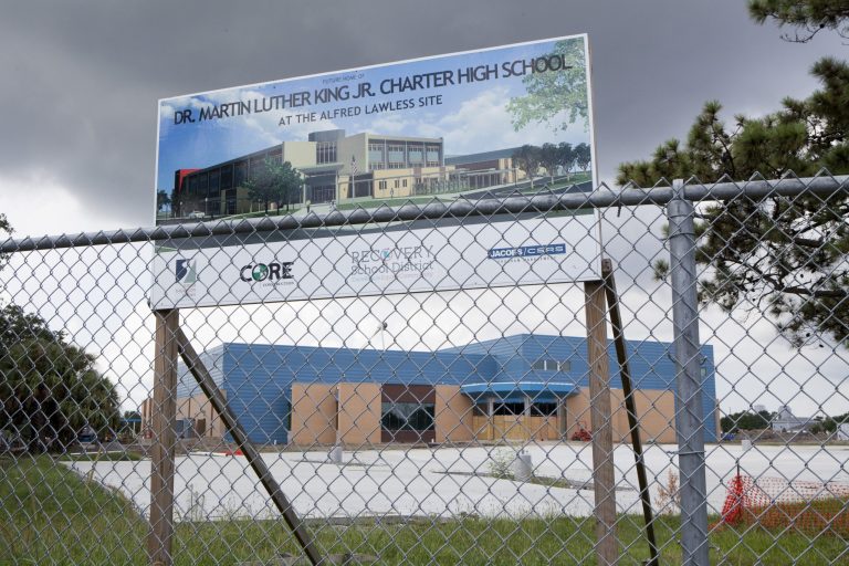 A new high school is being built in the Lower Ninth Ward in New Orleans, Louisiana. It's been ten years since hurricane Katrina devastated neighborhoods throughout the city. This area was wiped out when this levee broke after the storm. (The Christian Science Monitor via AP)