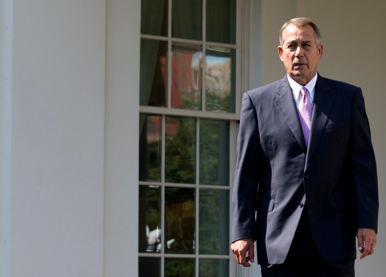 House Speaker John Boehner of Ohio leaves the White House in Washington, Tuesday, Sept. 3, to speak with reporters following a meeting between President Barack Obama and Congressional leaders to discuss the situation in Syria. Boehner said he will support President Barack Obama's call for the U.S. to take action against Syria for alleged chemical weapons use and says his Republican colleagues should support the president, too. (AP/Manuel Balce Ceneta)