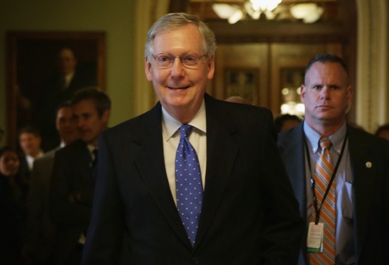 Senate Republican leader Sen. Mitch McConnell, R-Ky., arrives at his office at the U.S. Capitol in the morning on November 13, 2014 in Washington. (Photo by Alex Wong/Getty images)