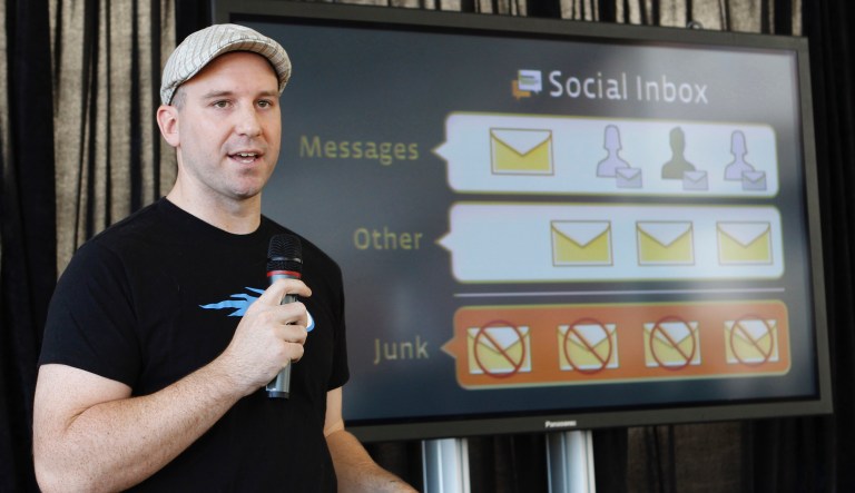 Facebook engineer Andrew Bosworth talks about the new Facebook messaging service at an announcement in San Francisco, Monday, Nov. 15, 2010. 