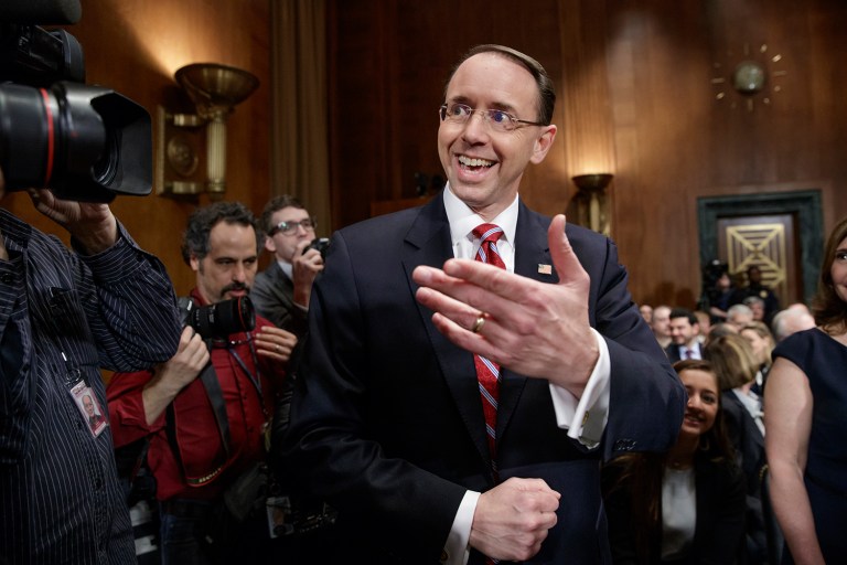 Rosenstein was asked to respond to the report by Sinclair Broadcast Group's Michelle Macaluso as he was walking out of a meeting with the Senate Select Committee on Intelligence. (AP Photo/J. Scott Applewhite)
