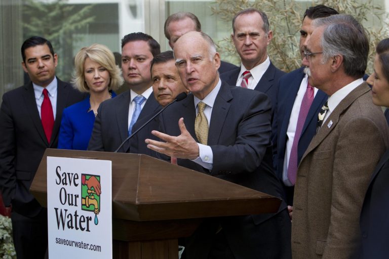 Gov. Jerry Brown talks during a news conference after meeting with several California mayors to discuss water conservation at the Capitol in Sacramento, Calif., on Tuesday, April 28, 2015. (AP Photo/Steve Yeater)
