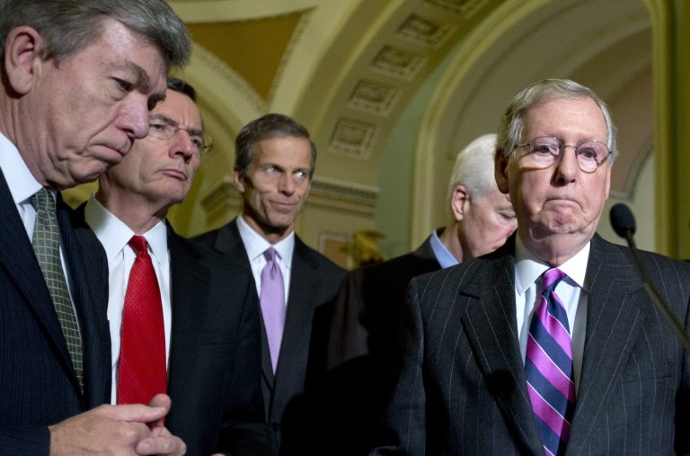 From left, Sen. Roy Blunt, R-Mo., Sen. John Barrasso, R-Wyo., Sen. John Thune, R-S.D., Senate Minority Whip John Cornyn of Texas, and incoming Senate Majority Leader Mitch McConnell of Ky., pause during a news conference on Capitol Hill in Washington, Tuesday, Nov. 18, 2014. (AP Photo/Carolyn Kaster)