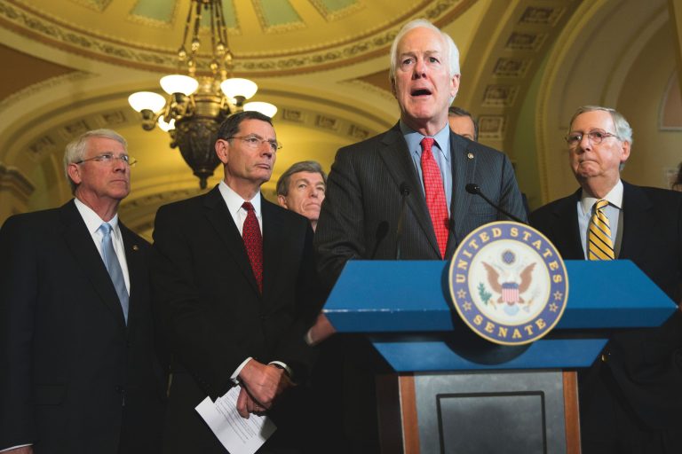 Senate Majority Whip John Cornyn of Texas speaks during a news conference. From left: Sen. Roger Wicker, R-Miss., Sen. John Barrasso, R-Wyo., Sen. Roy Blunt, R-Mo., Cornyn, and Senate Majority Leader Sen. Mitch McConnell of Ky. (AP Photo/Evan Vucci)