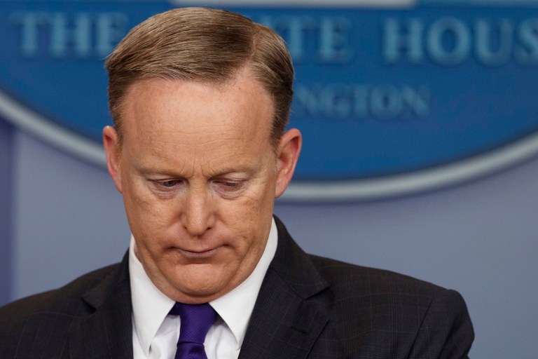 Sean Spicer apologized for a bungled attempt to compare Syrian dictator Bashar Assad's use of chemical weapons to Hitler's actions in World War II. (AP Photo/Evan Vucci)