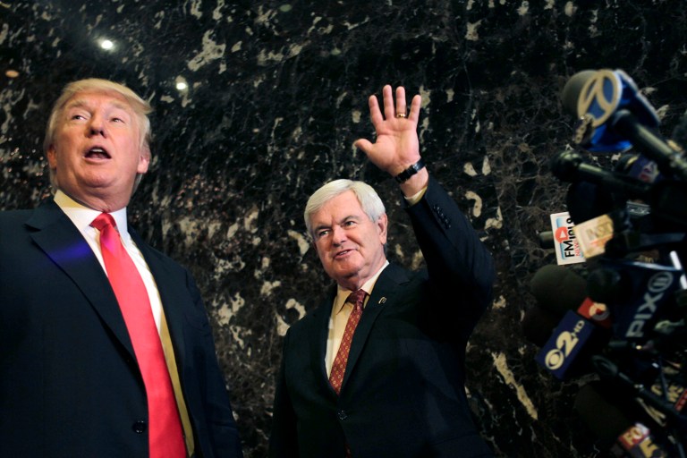 Former House Speaker Newt Gingrich, right, could make an appearance on the campaign trail alongside presumptive Republican nominee Donald Trump at a rally in Cincinnati. (AP Photo/Seth Wenig)