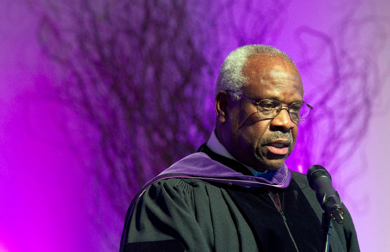 Supreme Court Justice Clarence Thomas issued a dire warning about governance in Washington during a speech at the Heritage Foundation on Wednesday night. (AP Photo/Michael Dwyer)