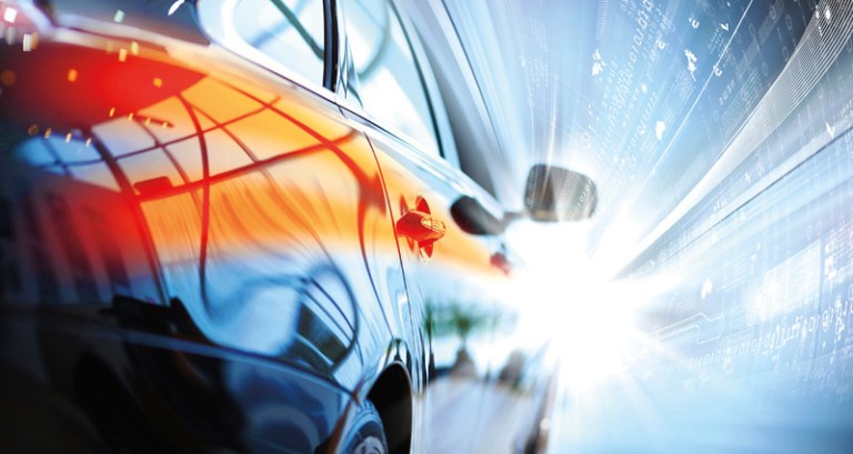 Back view of automobile in sales salon