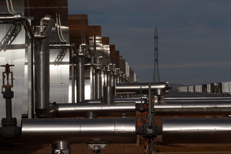 Construction of Morocco's Noor I solar power plant, is nearing completion near Ouarzazate, Morocco, Friday April, 24, 2015. (AP Photo/Abdeljalil Bounhar)
