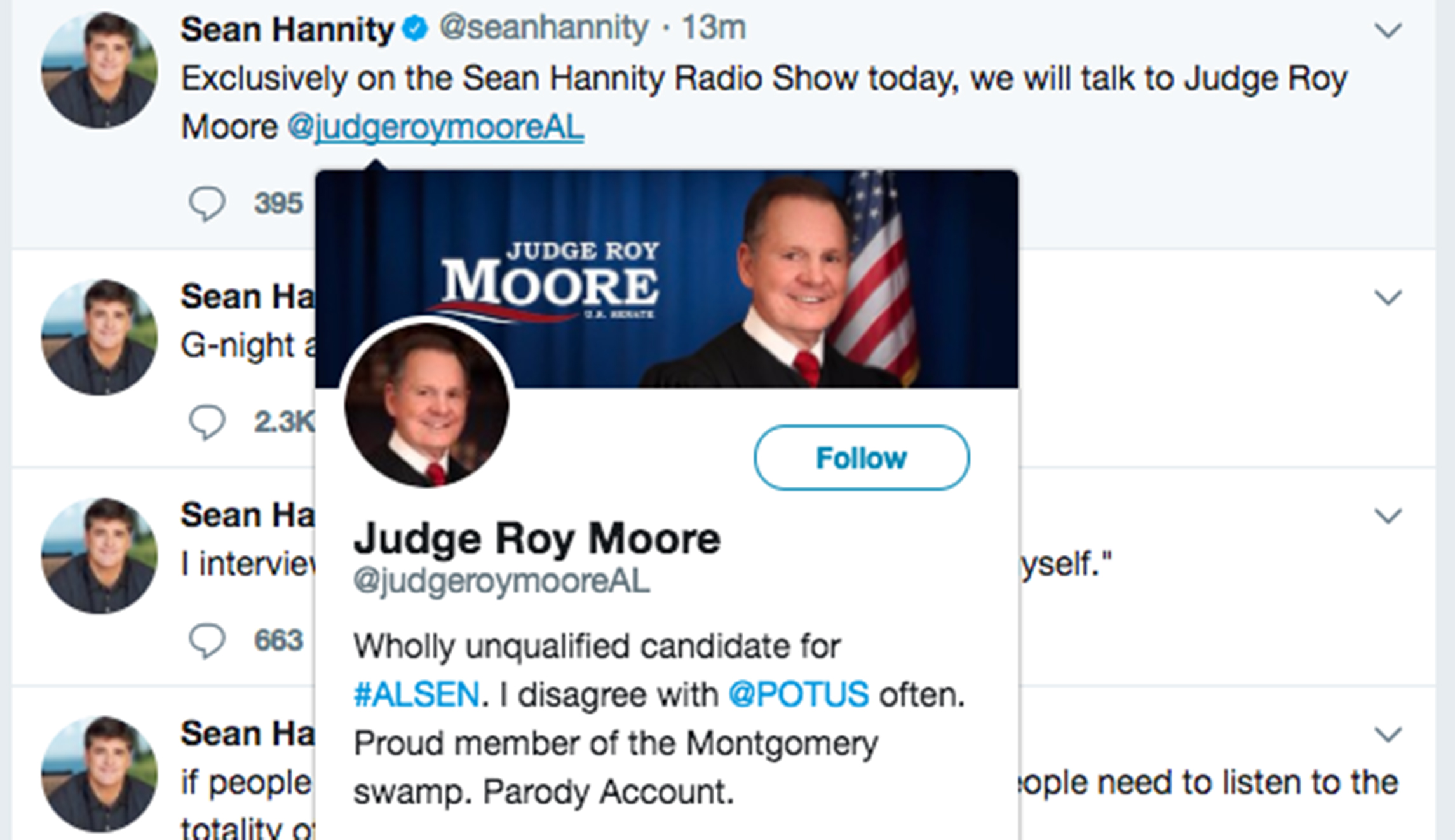 Sean Hannity accidentally tags parody Roy Moore Twitter account that calls him ‘wholly unqualified’