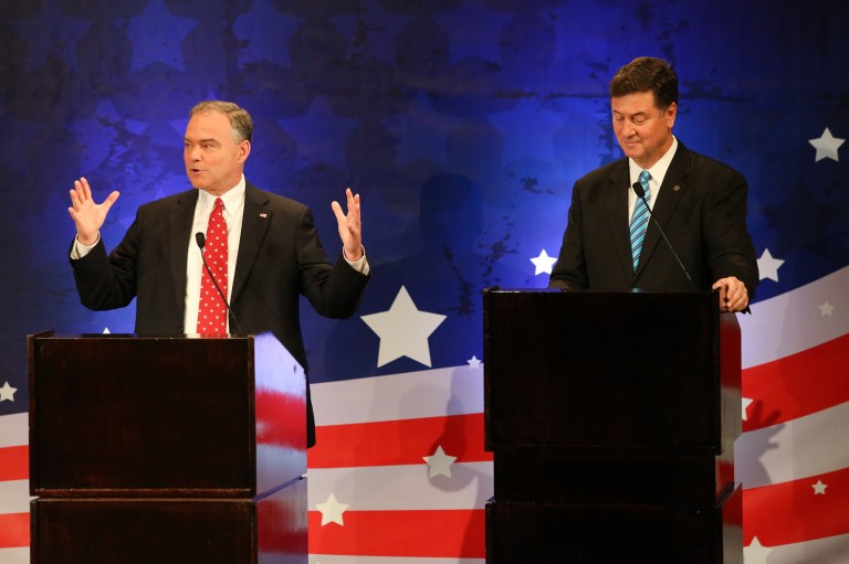 Democratic candidate Tim Kaine and Republican candidate George Allen face off in a debate for the Virginia U.S. Senate seat on Sept. 20, 2012. (Graeme Jennings/Examiner)