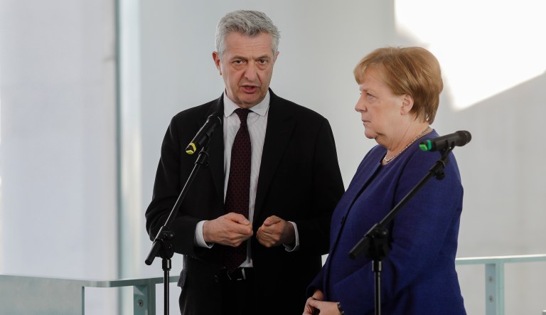 German Chancellor Angela Merkel, right, United Nations High Commissioner for Refugees Filippo Grandi, left, brief the media prior to a meeting at the chancellery in Berlin, Monday, April 15, 2019.