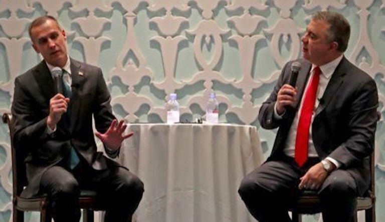 Former Trump campaign manager Corey Lewandowski and deputy manager David Bossie answer questions during a speaking engagement and book signing at the Colony Hotel in Palm Beach, Fla., Tuesday, March 13, 2018.