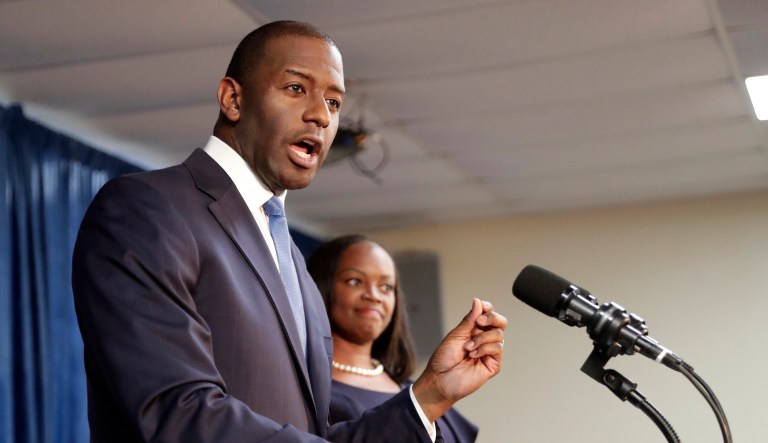 Florida Democratic gubernatorial candidate Andrew Gillum speaks to supporters during a Democratic Party rally, Aug. 31, 2018, in Orlando, Fla. 