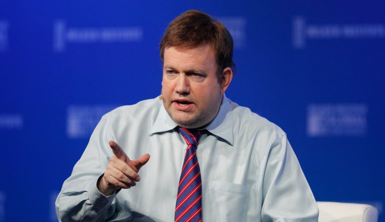Moderator Frank Luntz speaks at the Milken Institute Global Conference Monday, April 30, 2018, in Beverly Hills, Calif.
