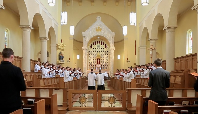 In this May 12, 2017 photo, members of the Priestly Fraternity of Saint Peter, a Catholic order formed in 1988, perform a Gregorian chants at Our Lady of Guadaloup seminary in Denton, Neb. (AP Photo/Nati Harnik)