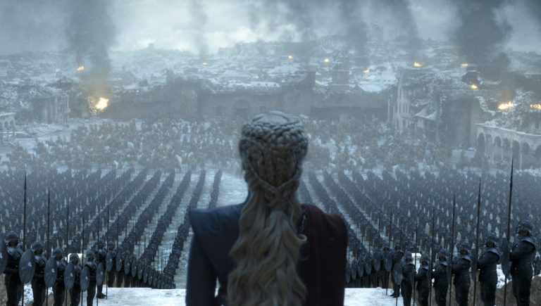 This image released by HBO shows Emilia Clarke in a scene from the series finale of "Game of Thrones." 