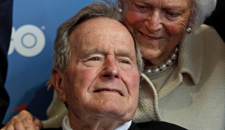 FILE - In this June 12, 2012 file photo, former President George H.W. Bush and his wife, Barbara, arrive for the premiere of HBO's new documentary about his life in Kennebunkport, Maine. 