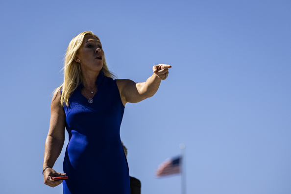 Rep. Marjorie Taylor Greene, a Republican from Georgia, yells while walking on the steps of the U.S. Capitol before a 
