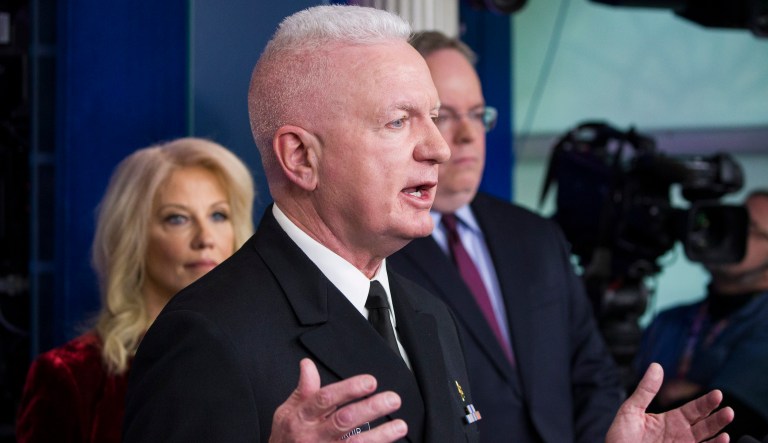 Assistant Secretary for Health Adm. Brett Giroir, M.D. center, joined by Counselor to the President Kellyanne Conway, left, and U.S. Office of National Drug Control Policy director James Carroll, speaks with reporters about opioids in the Briefing Room of the White House, Thursday, Jan. 30, 2020, in Washington. (AP Photo/Alex Brandon)