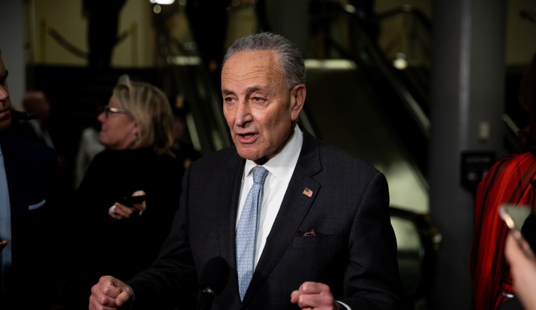 Senate Minority Leader Chuck Schumer speaks to reporters in the U.S. Capitol on January 23, 2020