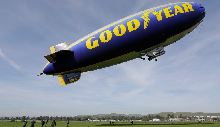 The Goodyear Blimp Spirit of Innovation takes off for a flight over Super Bowl fan sites  Friday, Feb. 5, 2016, from the airport in Livermore, Calif.