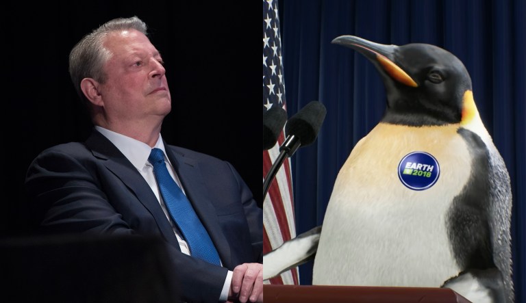 Al Gore and Earth the Penguin are pictured.