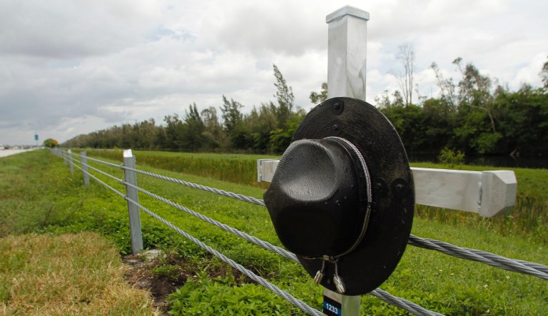 A metal state trooper's hat hanging from a cross, Wednesday June 2, 2010 along an interstate highway in Miami, serves as a roadside memorial for Trooper Patrick Ambroise, who was killed after a teenage driver plowed into his parked patrol car.