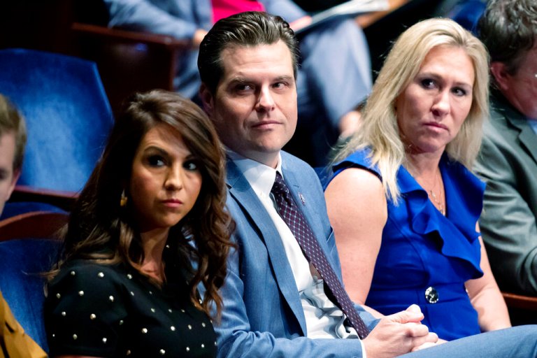 From left, Rep. Lauren Boebert, Rep. Matt Gaetz, and Rep. Marjorie Taylor Greene.
