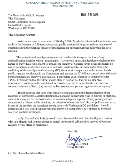 Grenell Letter to Warner