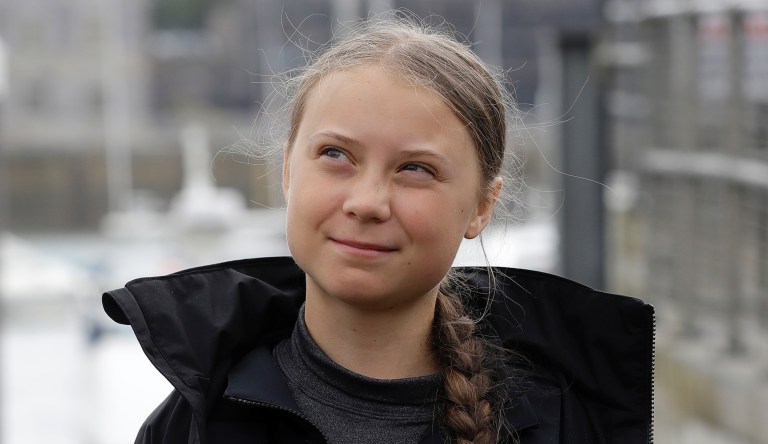 Climate change activist Greta Thunberg addresses the media during a press conference in Plymouth, England, Wednesday, Aug. 14, 2019. The 16-year-old climate change activist who has inspired student protests around the world will leave Plymouth, England, bound for New York in a high-tech but low-comfort sailboat.