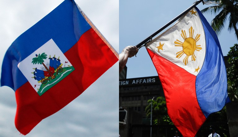 The flags of the Philippines (right) and Haiti (left) are seen.