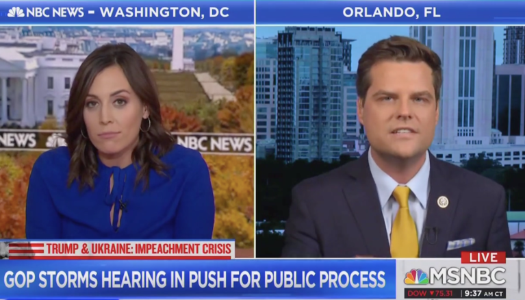 Florida Rep. Matt Gaetz appearing on MSNBC being interviewed by Hallie Jackson on Oct. 25, 2019.