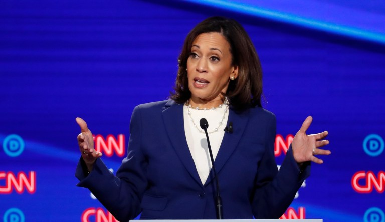 Democratic presidential candidate Sen. Kamala Harris, D-Calif., participates in a Democratic presidential primary debate hosted by CNN/New York Times at Otterbein University, Tuesday, Oct. 15, 2019, in Westerville, Ohio.