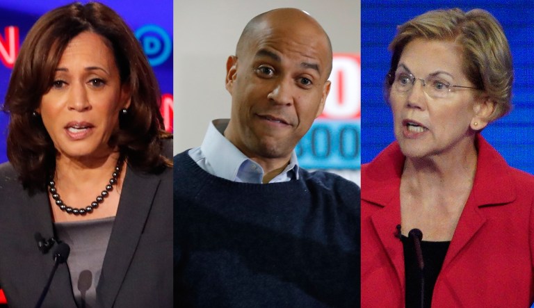 Pictured are Kamala Harris, left, Cory Booker, center, and Elizabeth Warren, right.