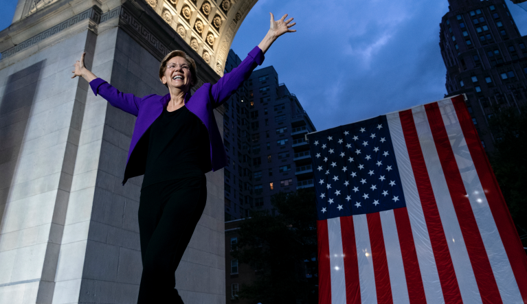 Democratic presidential candidate U.S. Sen. Elizabeth Warren takes the stage before addressing supporters at a rally, Monday, Sept. 16, 2019, in New York. (AP Photo/Craig Ruttle)