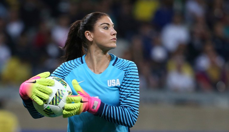 FILE - In this Aug. 3, 2016, file photo, United States' goalkeeper Hope Solo takes the ball during a women's soccer game at the Rio Olympics against New Zealand in Belo Horizonte, Brazil.