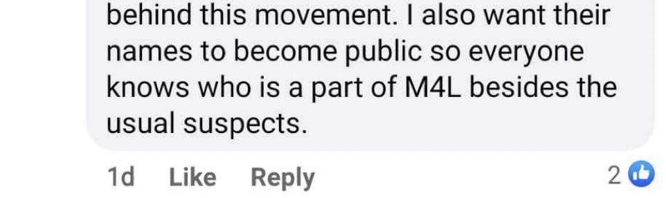 Facebook message of someone trying to dox a Moms for Liberty supporter