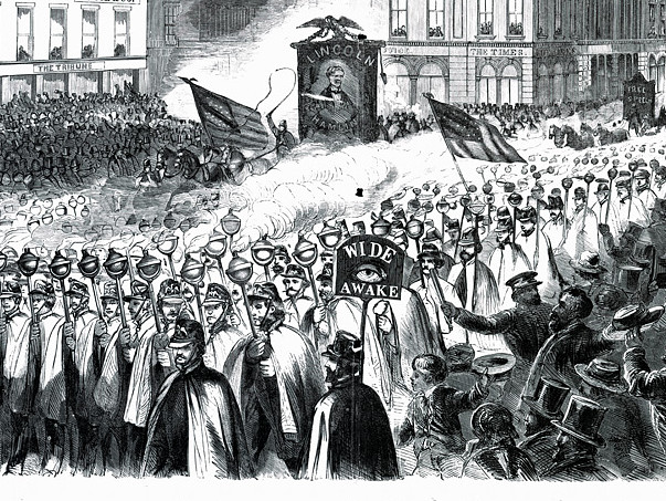 Wide Awakes hold a procession in New York on Oct. 3, 1860.