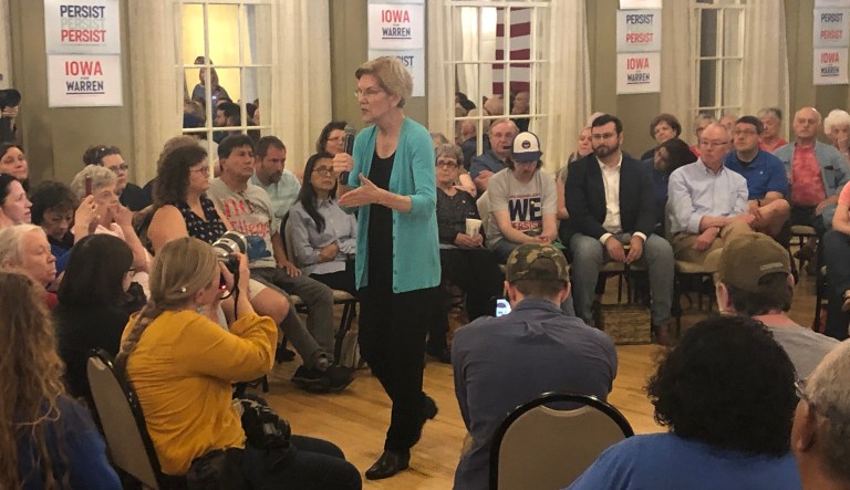 Elizabeth Warren makes a campaign speech in Salem, Iowa.