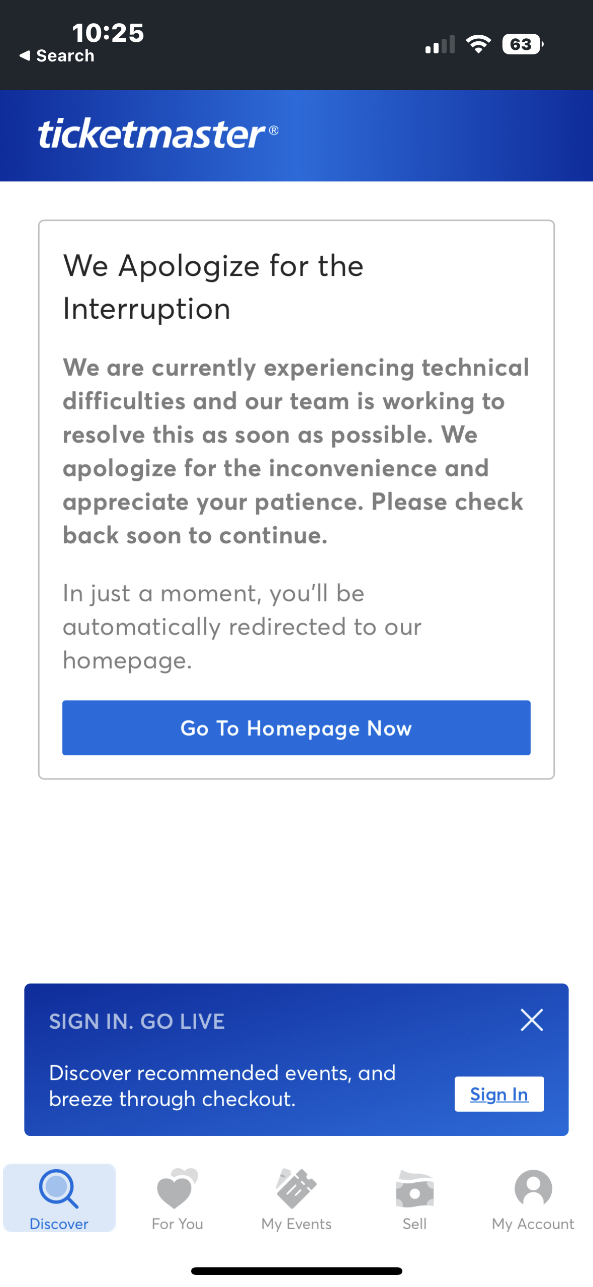 Ticketmaster error msg 11/15/22 ONLY