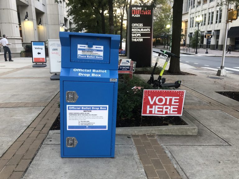 An official ballot drop-off box sits outside Courthouse polling place, where voters have been casting their ballots ahead of Nov. 3.